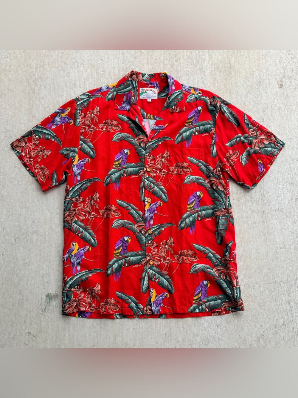 Vintage Paradise Found Hawaiian Shirt Magnum PI Parrot All Over Print